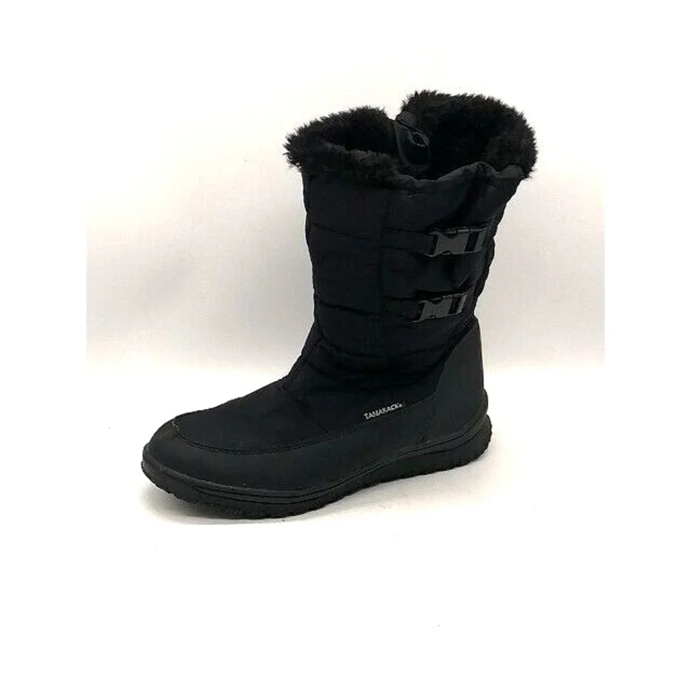 Tamarack Womens Snow Boots Black Nylon Ankle Faux Fur Lined Side Zip Buckles 8